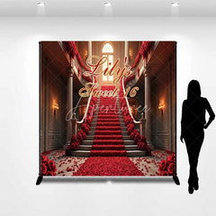 Aperturee - Aperturee Personalized Red Rose Staircase Custom Birthday Backdrop Elegant Mansion Sweet 16 Party Photography Background