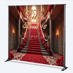 Aperturee - Aperturee Personalized Red Rose Staircase Custom Birthday Backdrop Elegant Mansion Sweet 16 Party Photography Background