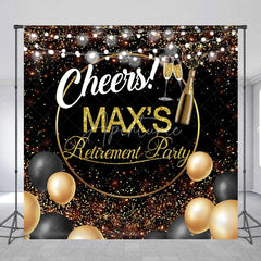 Aperturee - Aperturee Personalized Retirement Party Backdrop Gold and Black Cheers to Retirement Background with Champagne and Balloons
