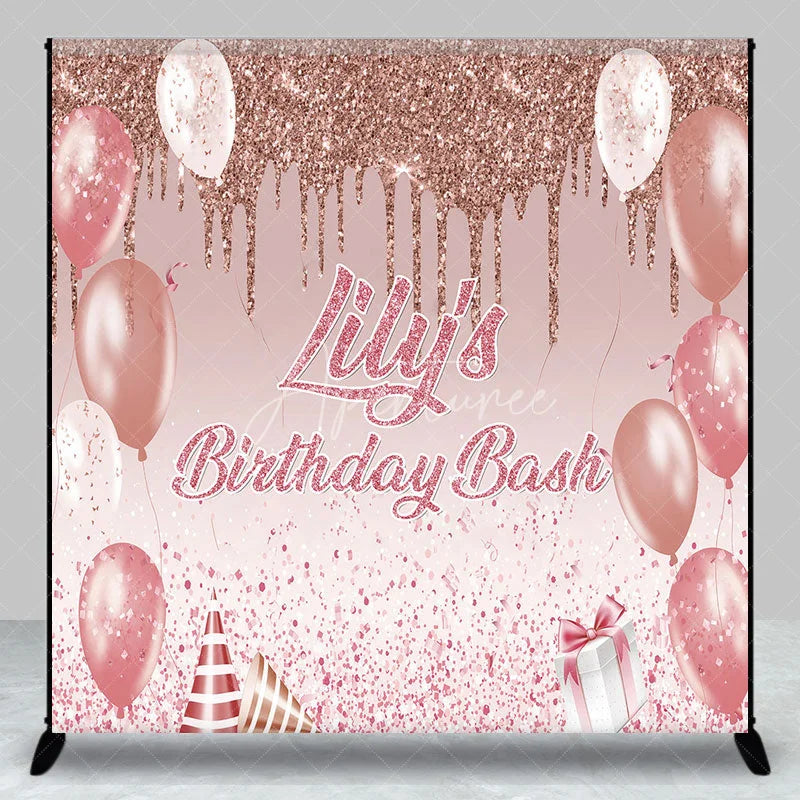 Aperturee - Aperturee Personalized Rose Gold Glitter Birthday Bash Custom Backdrop Pink Balloons and Elegant Party Decor