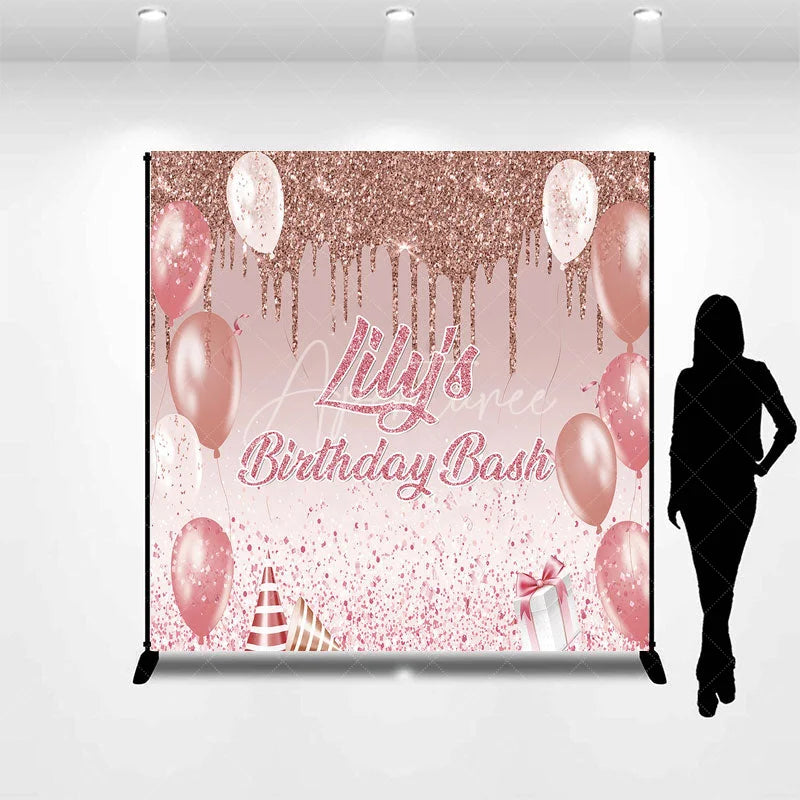 Aperturee - Aperturee Personalized Rose Gold Glitter Birthday Bash Custom Backdrop Pink Balloons and Elegant Party Decor