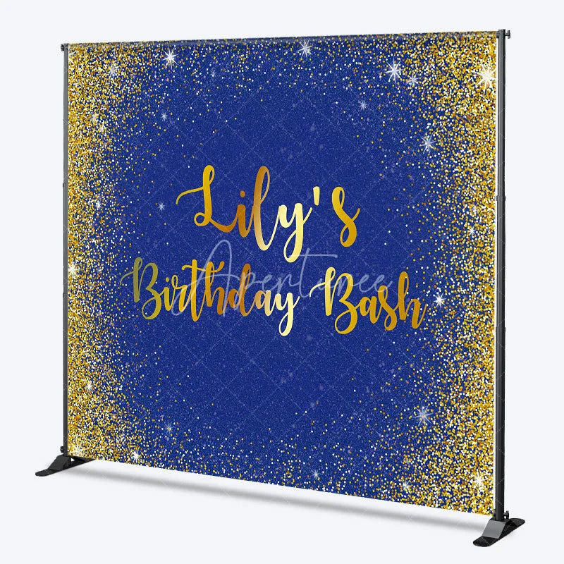 Aperturee - Aperturee Personalized Royal Blue and Gold Glitter Birthday Custom Backdrop Sparkling Party Celebration Decor