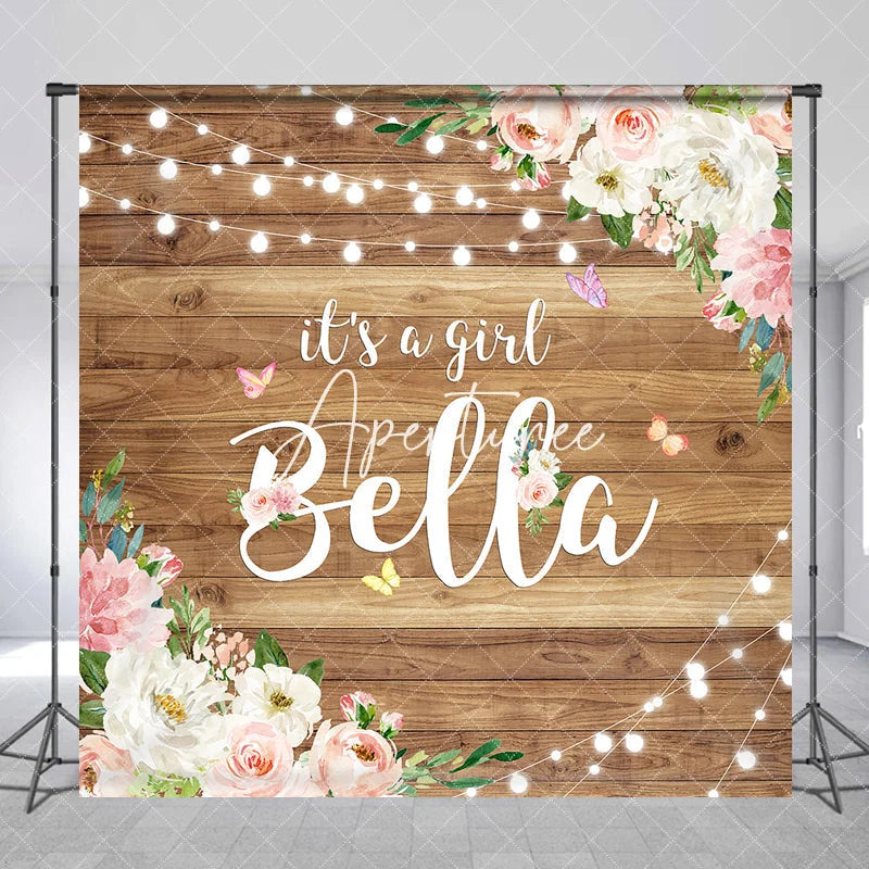 Aperturee - Aperturee Personalized Rustic Wooden It’s A Girl Pink Floral Custom Backdrop with Butterflies String Lights Baby Shower Decor