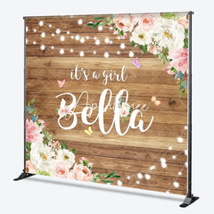 Aperturee - Aperturee Personalized Rustic Wooden It’s A Girl Pink Floral Custom Backdrop with Butterflies String Lights Baby Shower Decor