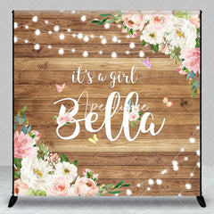 Aperturee - Aperturee Personalized Rustic Wooden It’s A Girl Pink Floral Custom Backdrop with Butterflies String Lights Baby Shower Decor