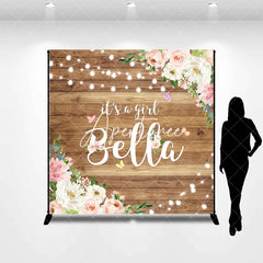 Aperturee - Aperturee Personalized Rustic Wooden It’s A Girl Pink Floral Custom Backdrop with Butterflies String Lights Baby Shower Decor