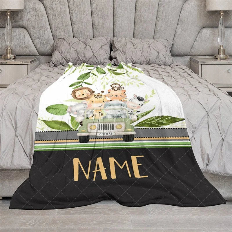 Aperturee - Aperturee Personalized Safari Animals Blanket with Custom Name Cute Jungle Animals in a Jeep Nursery Decor Gift for Boys