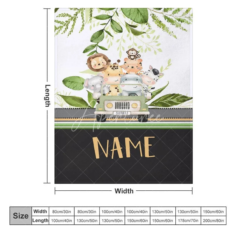 Aperturee - Aperturee Personalized Safari Animals Blanket with Custom Name Cute Jungle Animals in a Jeep Nursery Decor Gift for Boys