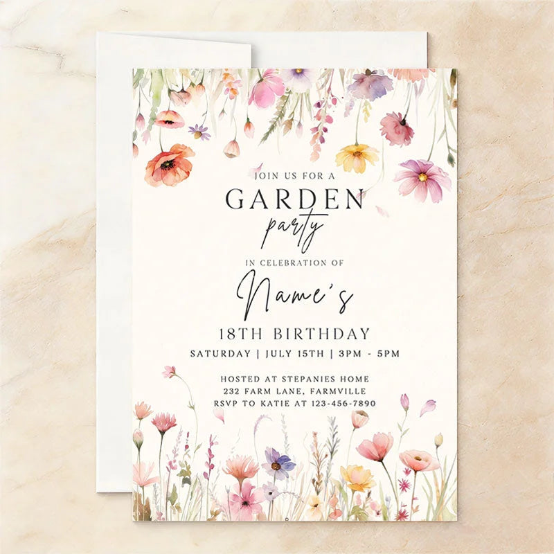 Aperturee - Aperturee Personalized Set of 20 Floral Garden Party Invitation Custom 18th Birthday Celebration with Wildflowers
