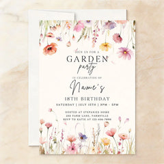 Aperturee - Aperturee Personalized Set of 20 Floral Garden Party Invitation Custom 18th Birthday Celebration with Wildflowers