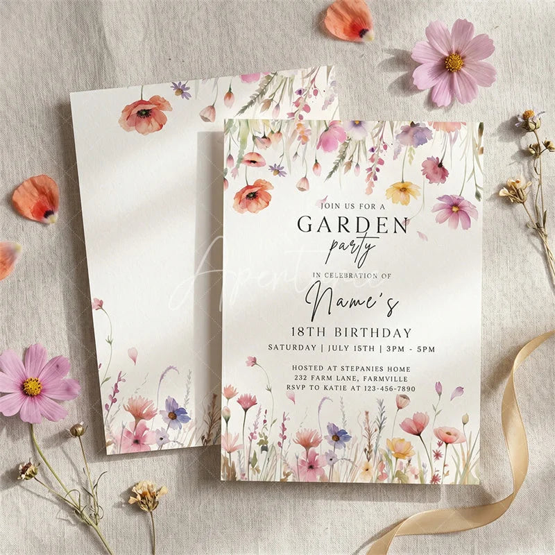 Aperturee - Aperturee Personalized Set of 20 Floral Garden Party Invitation Custom 18th Birthday Celebration with Wildflowers