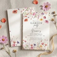 Aperturee - Aperturee Personalized Set of 20 Floral Garden Party Invitation Custom 18th Birthday Celebration with Wildflowers