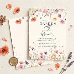 Aperturee - Aperturee Personalized Set of 20 Floral Garden Party Invitation Custom 18th Birthday Celebration with Wildflowers