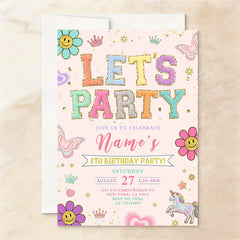 Aperturee - Aperturee Personalized Set of 20 Pastel Glitter Let’s Party Birthday Invitation featuring Whimsical Smiley Flowers and Unicorns