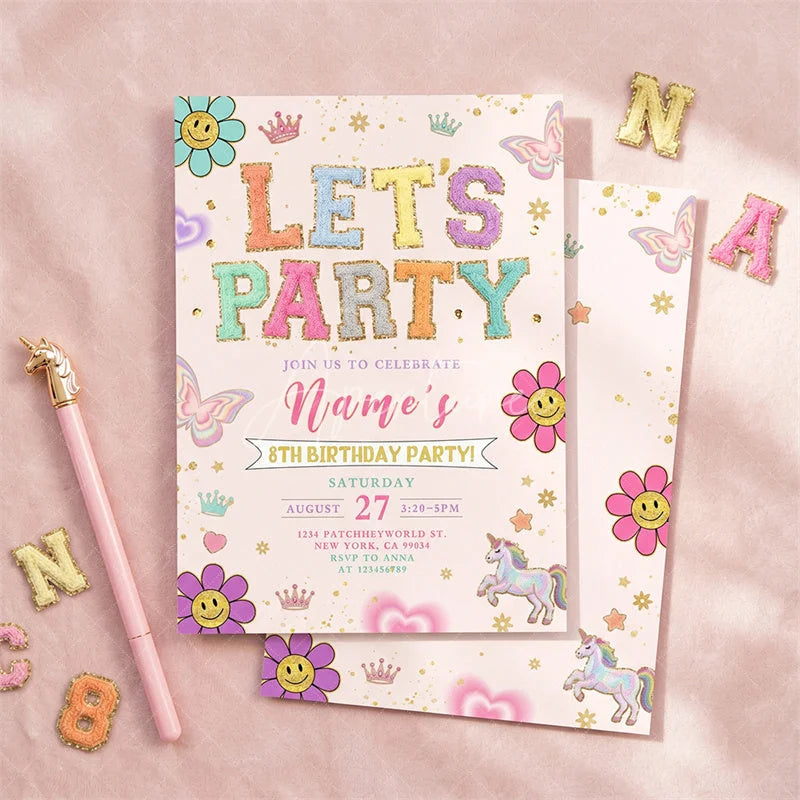 Aperturee - Aperturee Personalized Set of 20 Pastel Glitter Let’s Party Birthday Invitation featuring Whimsical Smiley Flowers and Unicorns