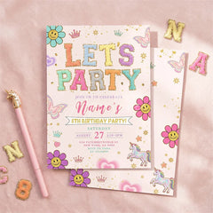 Aperturee - Aperturee Personalized Set of 20 Pastel Glitter Let’s Party Birthday Invitation featuring Whimsical Smiley Flowers and Unicorns