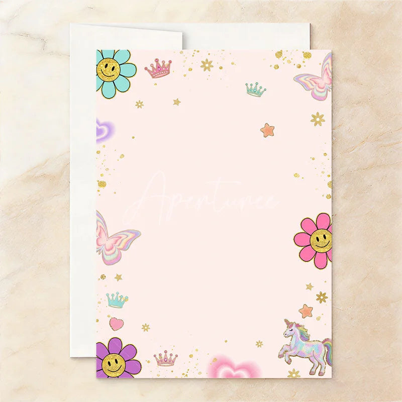 Aperturee - Aperturee Personalized Set of 20 Pastel Glitter Let’s Party Birthday Invitation featuring Whimsical Smiley Flowers and Unicorns