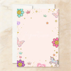 Aperturee - Aperturee Personalized Set of 20 Pastel Glitter Let’s Party Birthday Invitation featuring Whimsical Smiley Flowers and Unicorns