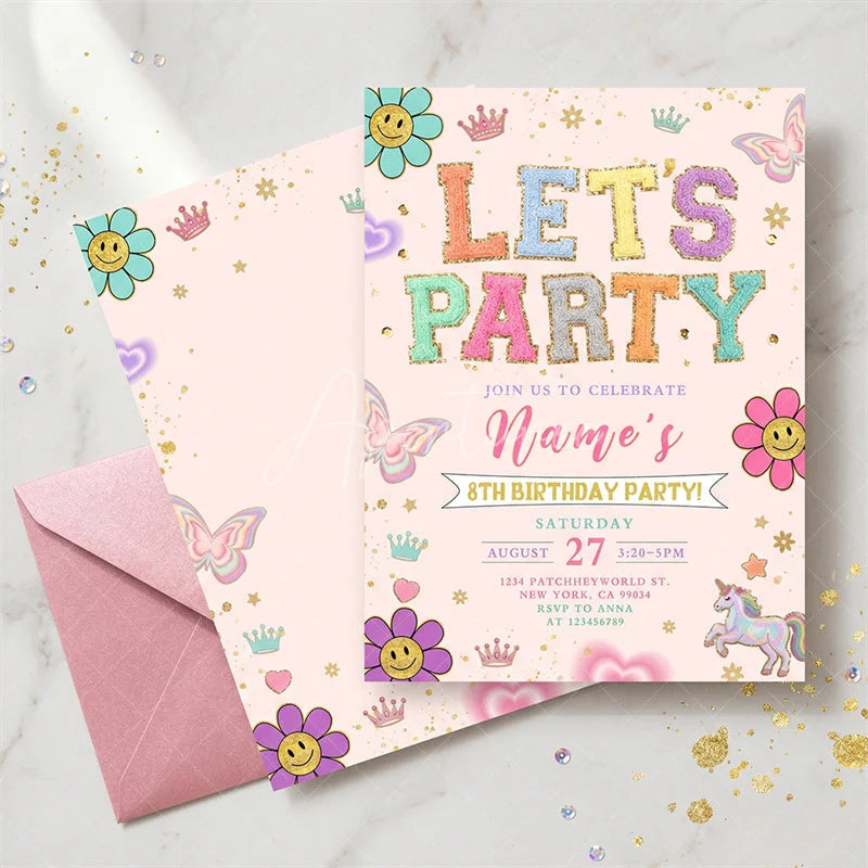Aperturee - Aperturee Personalized Set of 20 Pastel Glitter Let’s Party Birthday Invitation featuring Whimsical Smiley Flowers and Unicorns