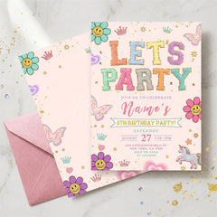 Aperturee - Aperturee Personalized Set of 20 Pastel Glitter Let’s Party Birthday Invitation featuring Whimsical Smiley Flowers and Unicorns