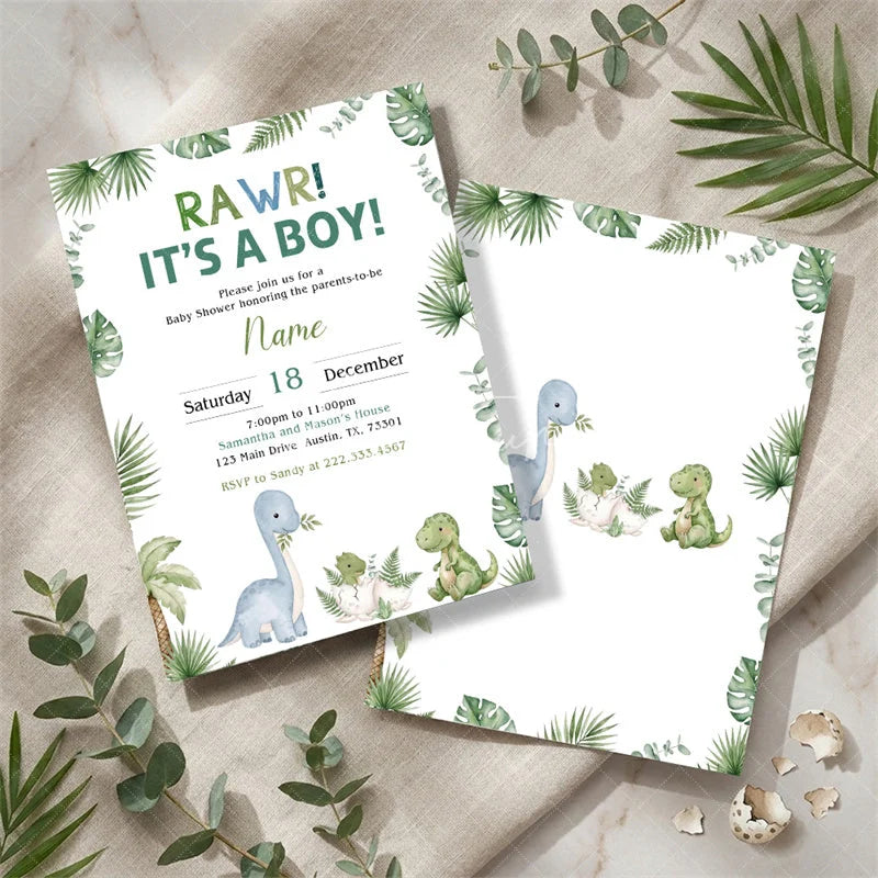 Aperturee - Aperturee Personalized Set of 20 Rawr It’s a Boy Baby Shower Invitation Cute Dinosaur and Jungle Leaves Theme for Boys