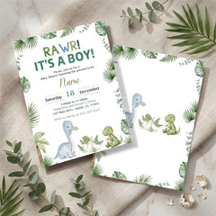 Aperturee - Aperturee Personalized Set of 20 Rawr It’s a Boy Baby Shower Invitation Cute Dinosaur and Jungle Leaves Theme for Boys