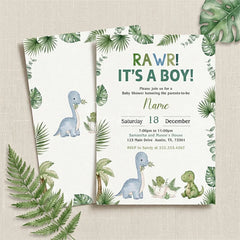 Aperturee - Aperturee Personalized Set of 20 Rawr It’s a Boy Baby Shower Invitation Cute Dinosaur and Jungle Leaves Theme for Boys