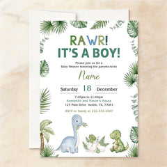 Aperturee - Aperturee Personalized Set of 20 Rawr It’s a Boy Baby Shower Invitation Cute Dinosaur and Jungle Leaves Theme for Boys
