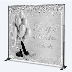 Aperturee - Aperturee Personalized Silver Balloon Custom Birthday Backdrop Diamonds High Heels Women Party Photography Background