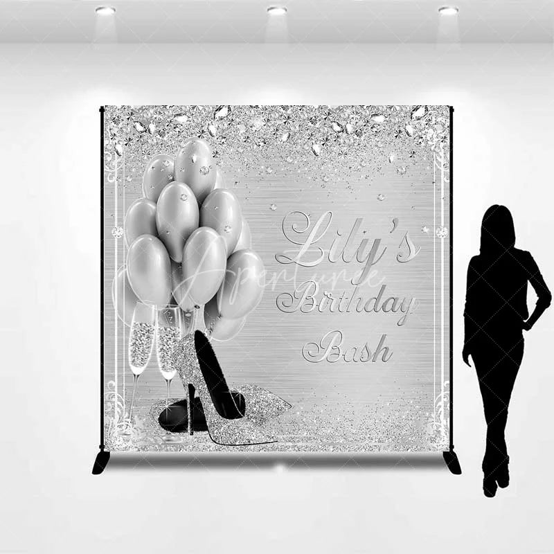 Aperturee - Aperturee Personalized Silver Balloon Custom Birthday Backdrop Diamonds High Heels Women Party Photography Background