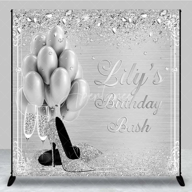 Aperturee - Aperturee Personalized Silver Balloon Custom Birthday Backdrop Diamonds High Heels Women Party Photography Background