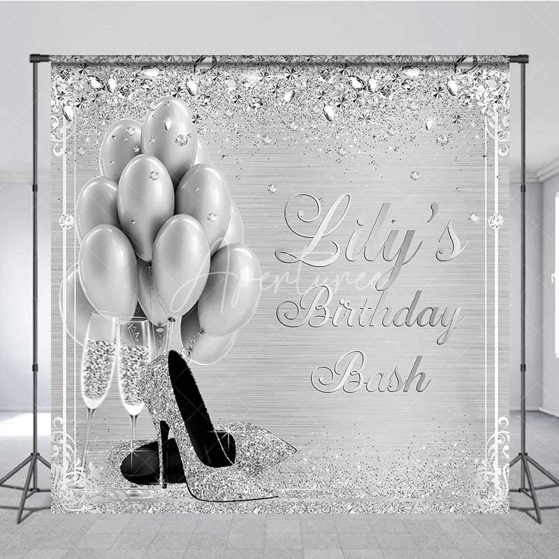 Aperturee - Aperturee Personalized Silver Balloon Custom Birthday Backdrop Diamonds High Heels Women Party Photography Background