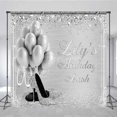Aperturee - Aperturee Personalized Silver Balloon Custom Birthday Backdrop Diamonds High Heels Women Party Photography Background