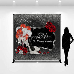 Aperturee - Aperturee Personalized Silver Glitter Birthday Bash Backdrop Custom Name Red Rose and High Heel Party Banner