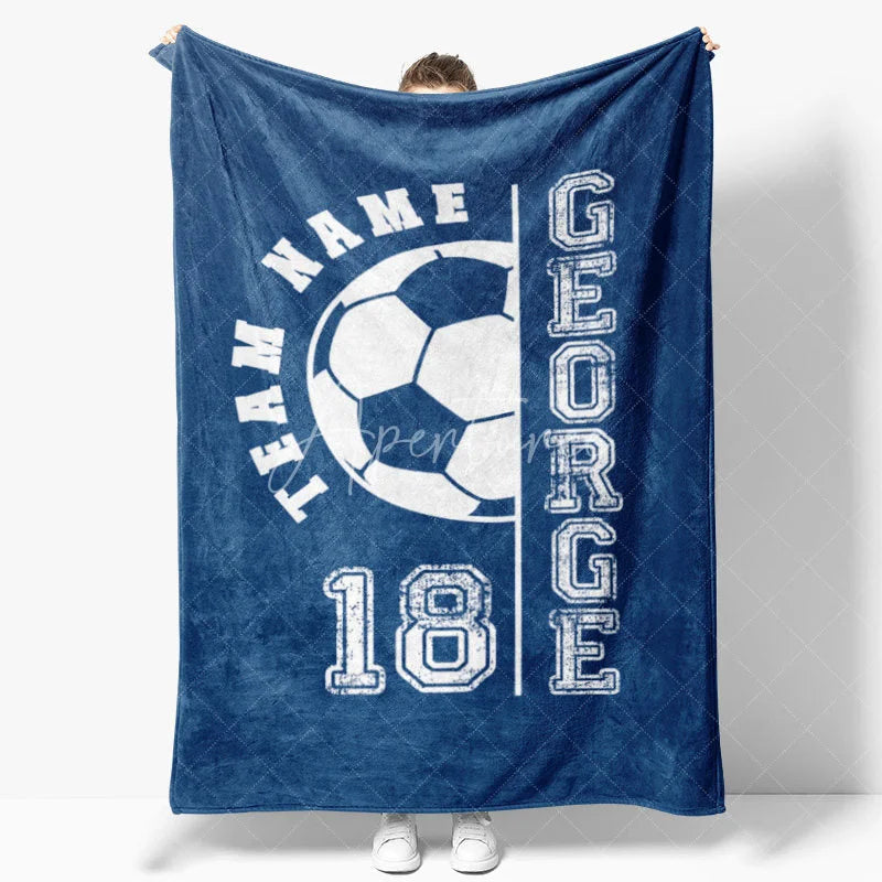 Aperturee - Aperturee Personalized Soccer Name Blanket Custom Team Number Sports Gift Blue Football Blanket for Boy Player