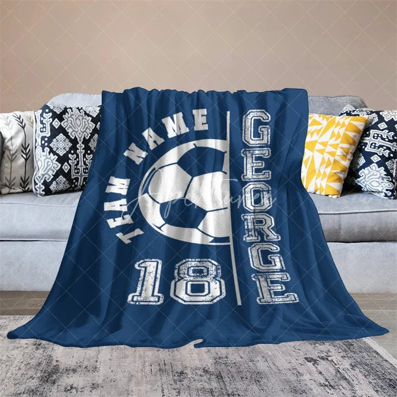 Aperturee - Aperturee Personalized Soccer Name Blanket Custom Team Number Sports Gift Blue Football Blanket for Boy Player