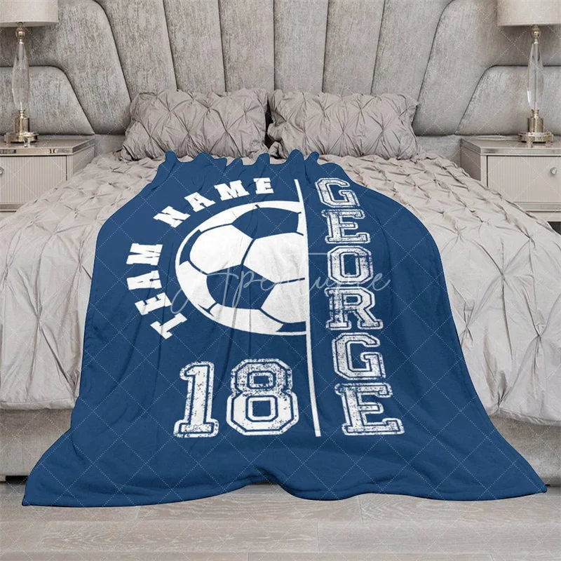 Aperturee - Aperturee Personalized Soccer Name Blanket Custom Team Number Sports Gift Blue Football Blanket for Boy Player