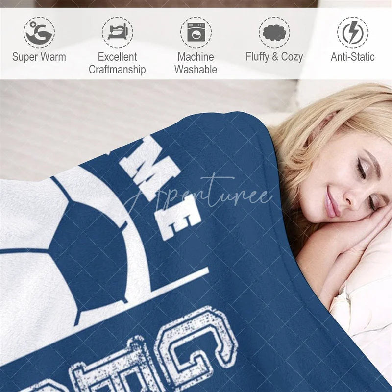 Aperturee - Aperturee Personalized Soccer Name Blanket Custom Team Number Sports Gift Blue Football Blanket for Boy Player