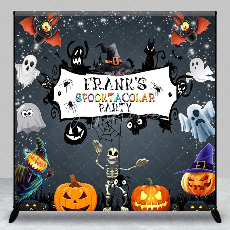 Aperturee - Aperturee Personalized Spooktacular Halloween Party Backdrop Cute Ghost Skeleton and Pumpkins Custom Name Kids Decor