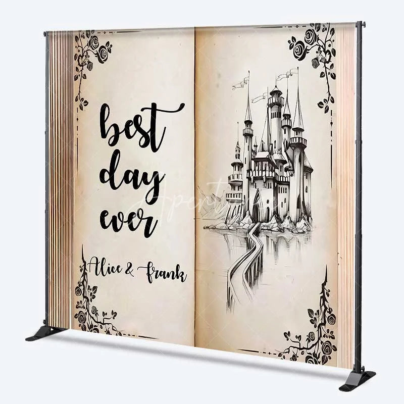 Aperturee - Aperturee Personalized Storybook Castle Wedding Backdrop Best Day Ever Fairy Tale Marriage Party Decoration