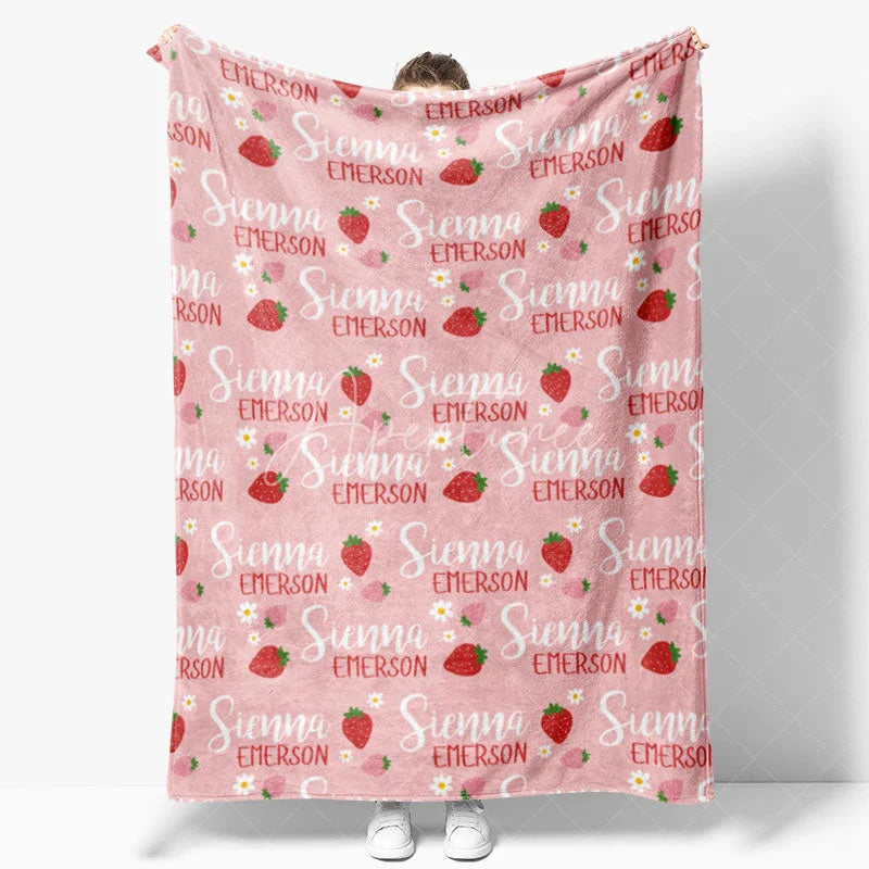 Aperturee - Aperturee Personalized Strawberry Blanket with Custom Name Berry Sweet Fruit Theme for Baby Girl Nursery Decor Gift