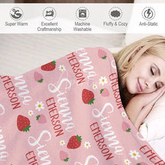 Aperturee - Aperturee Personalized Strawberry Blanket with Custom Name Berry Sweet Fruit Theme for Baby Girl Nursery Decor Gift