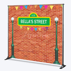 Aperturee - Aperturee Personalized Street Sign Birthday Backdrop Kids TV Show Inspired Brick Wall Custom Name Party Photo Booth Decor