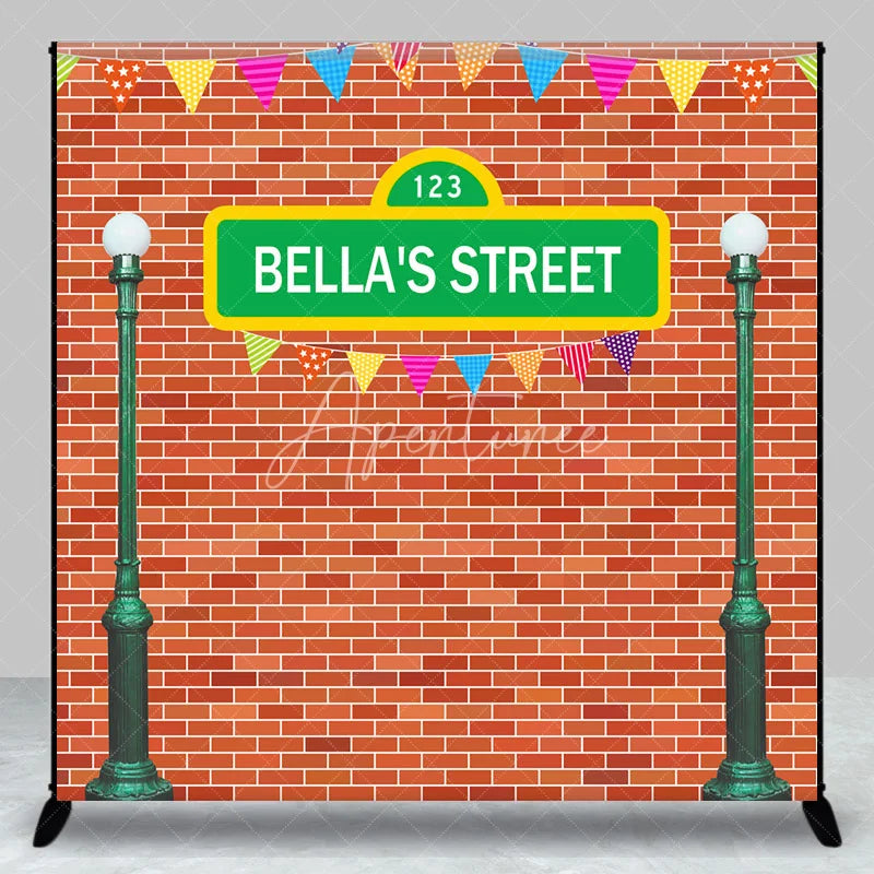 Aperturee - Aperturee Personalized Street Sign Birthday Backdrop Kids TV Show Inspired Brick Wall Custom Name Party Photo Booth Decor