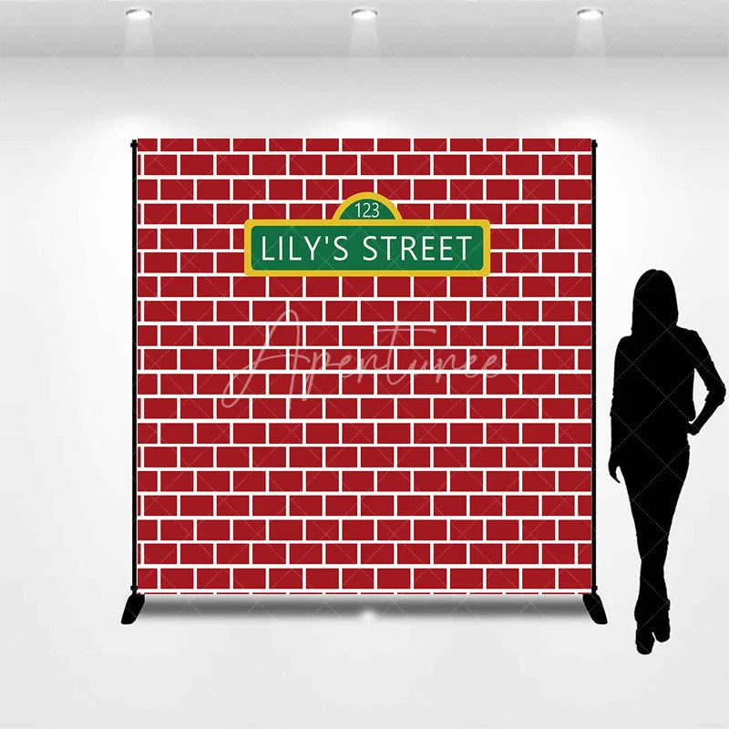 Aperturee - Aperturee Personalized Street Sign Red Brick Backdrop Custom Name Street Photography Background Urban Theme Birthday