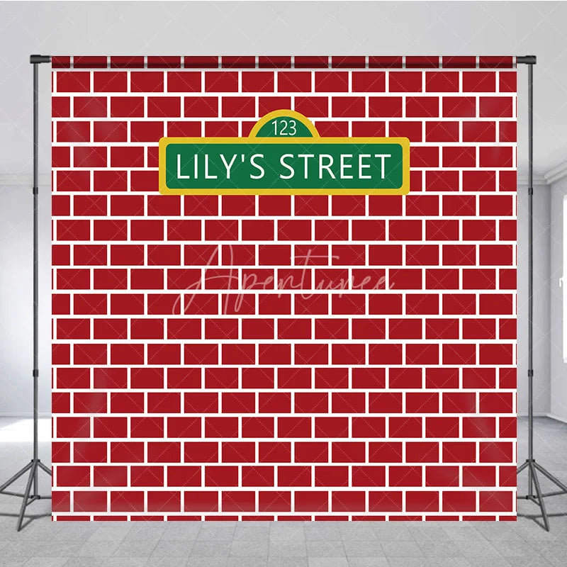 Aperturee - Aperturee Personalized Street Sign Red Brick Backdrop Custom Name Street Photography Background Urban Theme Birthday