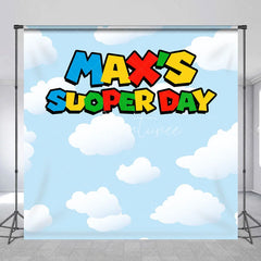 Aperturee - Aperturee Personalized Super Day Birthday Backdrop Custom Name Video Game Theme Blue Sky and Clouds Banner