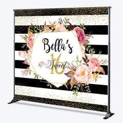 Aperturee - Aperturee Personalized Sweet 16 Birthday Backdrop Black and White Stripes with Pink Floral Custom Name Party Photo Booth