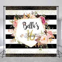 Aperturee - Aperturee Personalized Sweet 16 Birthday Backdrop Black and White Stripes with Pink Floral Custom Name Party Photo Booth