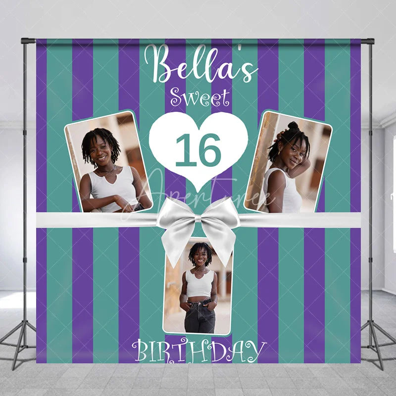 Aperturee - Aperturee Personalized Sweet 16 Birthday Photo Backdrop Custom Name Purple and Green Striped Party Banner